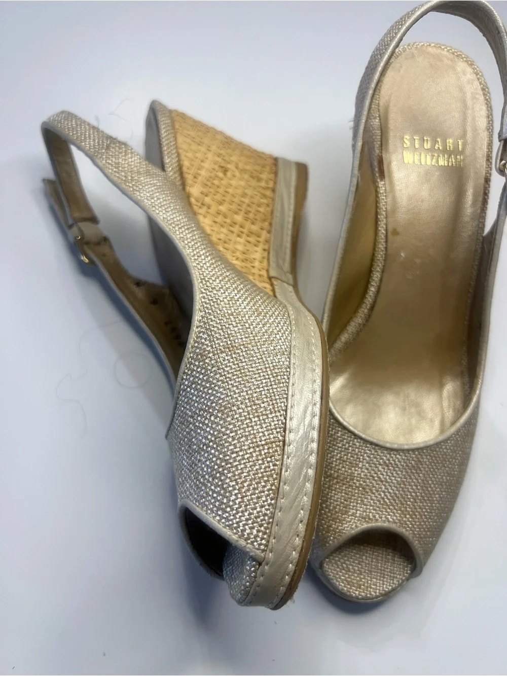 Stuart Weitzman Metallic Gold Peep-Toe Wedge Slingbacks - Picture 11 of 16